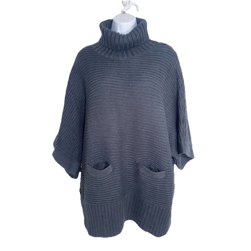 J. Crew Black Turtleneck Chunky Fisherman Poncho Pockets Buttons Women Large
